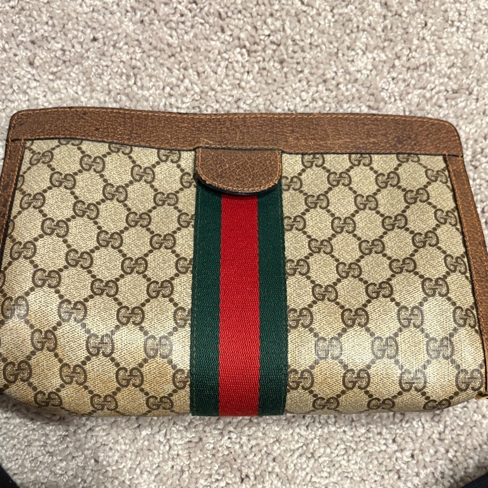 Gucci Beige and Brown Clutch with Red and Green Stripe